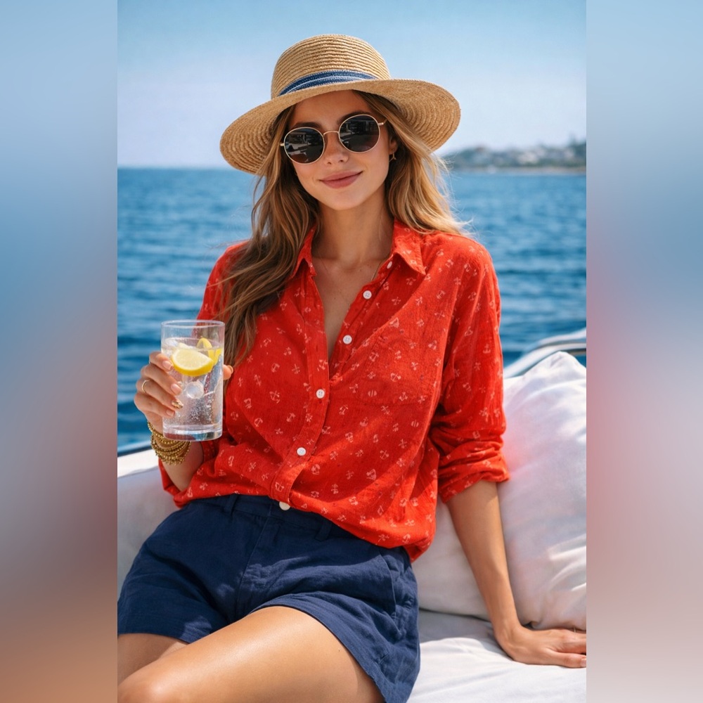 J.Crew Perfect Shirt Red Anchor & Horseshoe Nautical Cotton Button Down Small